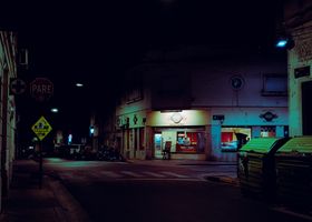City street corner with wayfinding signs